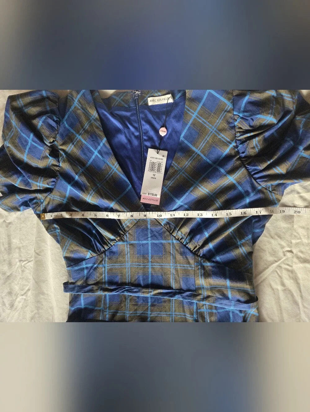 NWT Avec Les Filles Plaid Puff Sleeve Tie Belt Midi Dress - Size 12